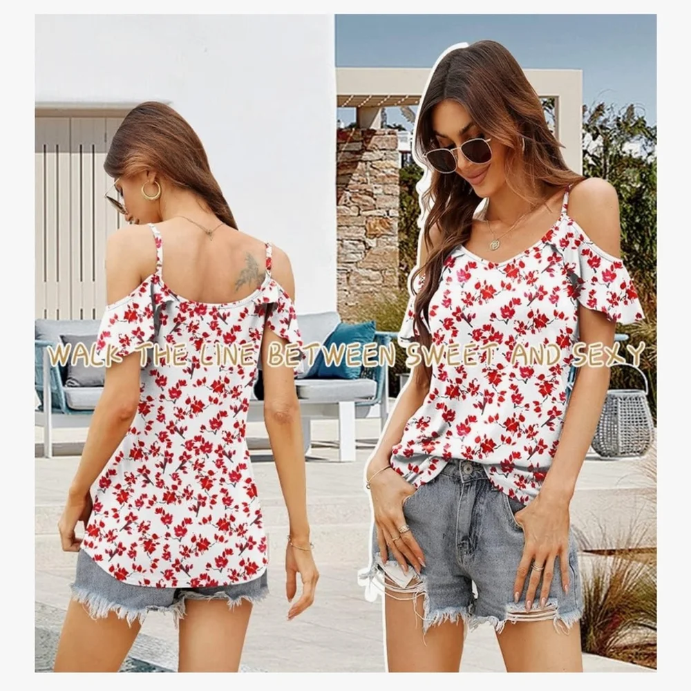 NWT Blingfit Womens Short Ruffle Sleeve Cold Shoulder Basic Tee Floral Top